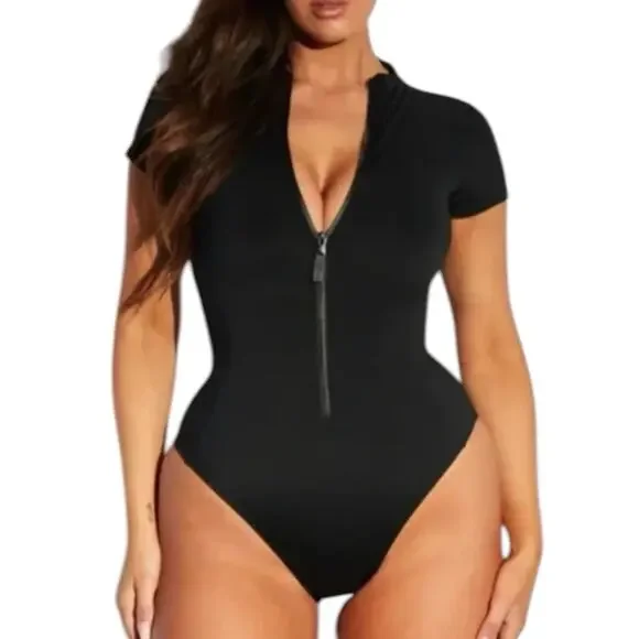 NWT TA3 Short Sleeve Surfy One Piece Corset Swimsuit Black Medium Short - Picture 1 of 11